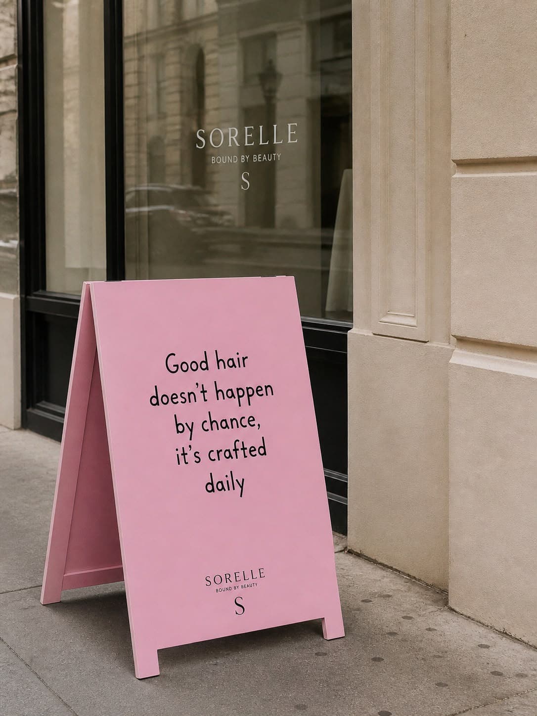 Sorelle salon A-frame sign — Good hair doesn't happen by chance, it's crafted daily
